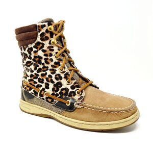 Sperry Topsider Hikerfish Leather Leopard Print Calf Hair Boots. Size 6